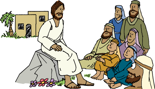 color art image of Jesus telling a Bible story to children and adults