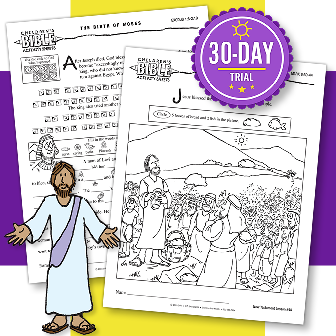 image of samples of Bible stories for children showing Bible characters and a 30 day trial offer